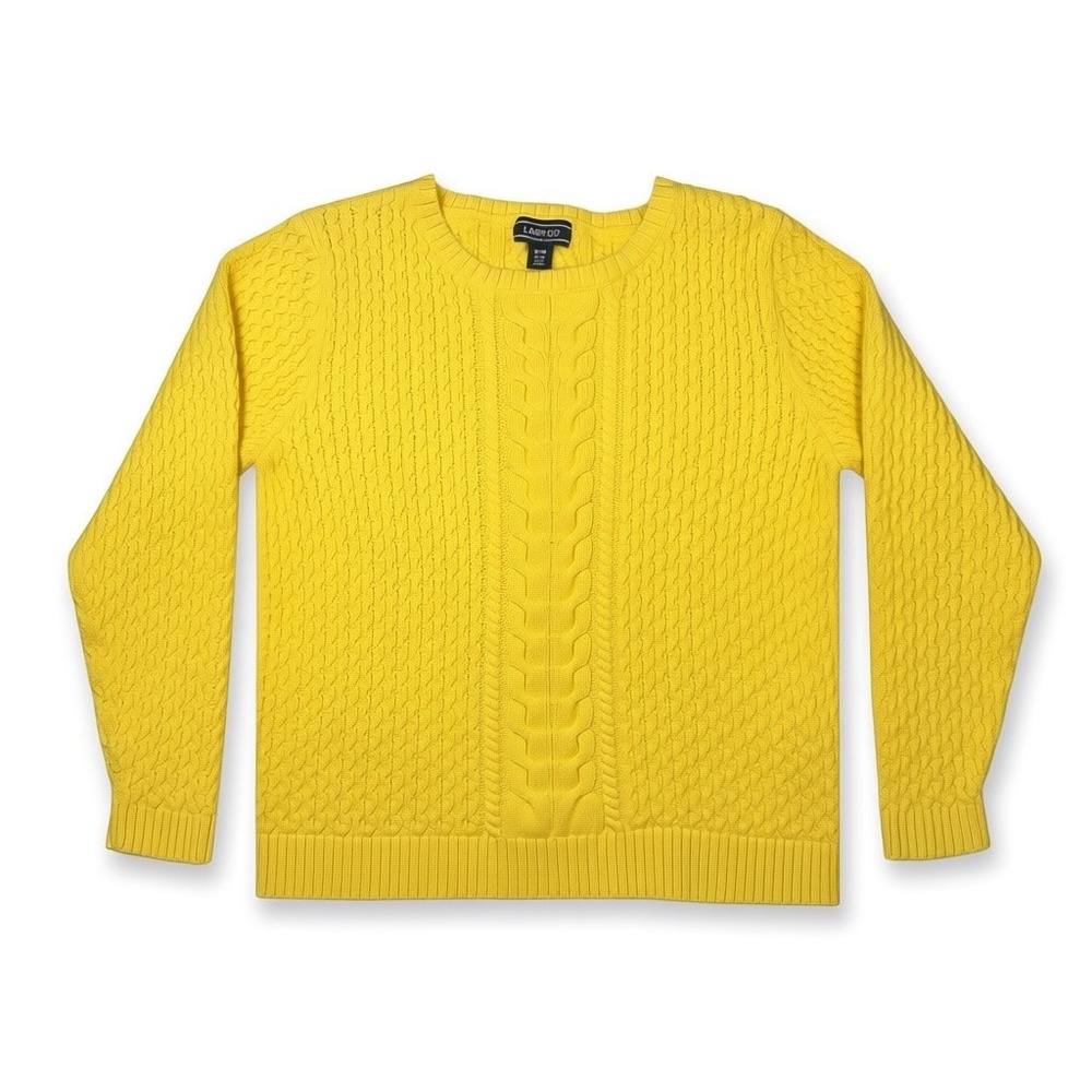 Lands End Drifter Cable Knit Sweater Yellow Preppy Excellent L/P Womens